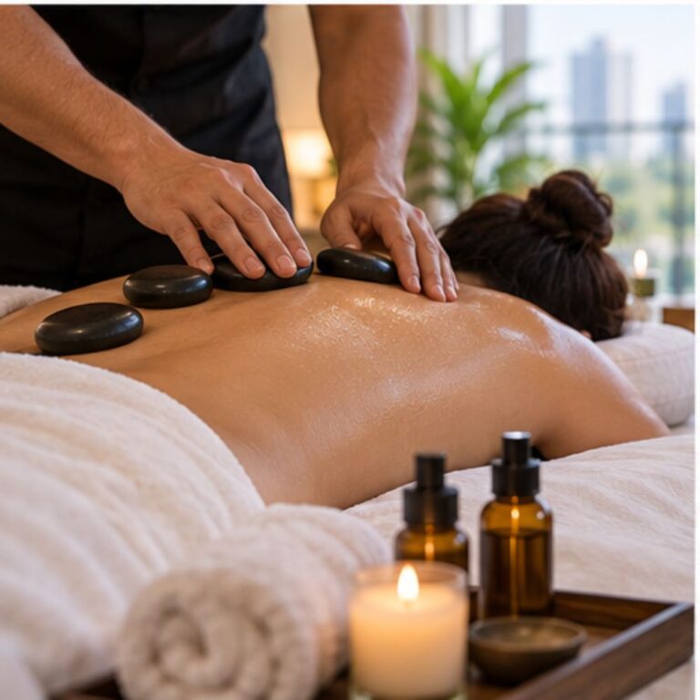 Hot stone massage by a male masseur in a New York City hotel room